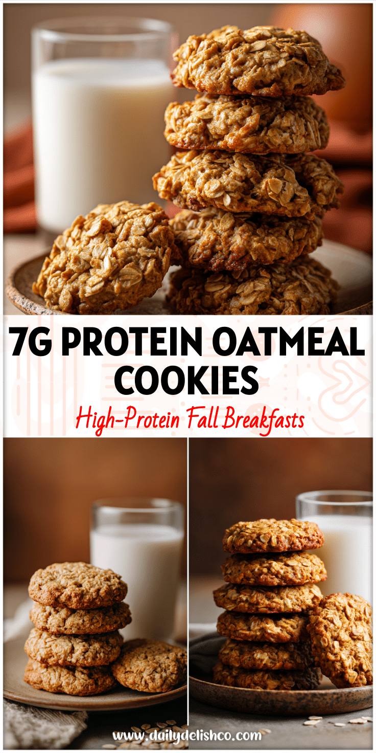Stack of golden brown Simple Oatmeal Breakfast Protein Cookies You’ll Love on a rustic plate beside a glass of milk